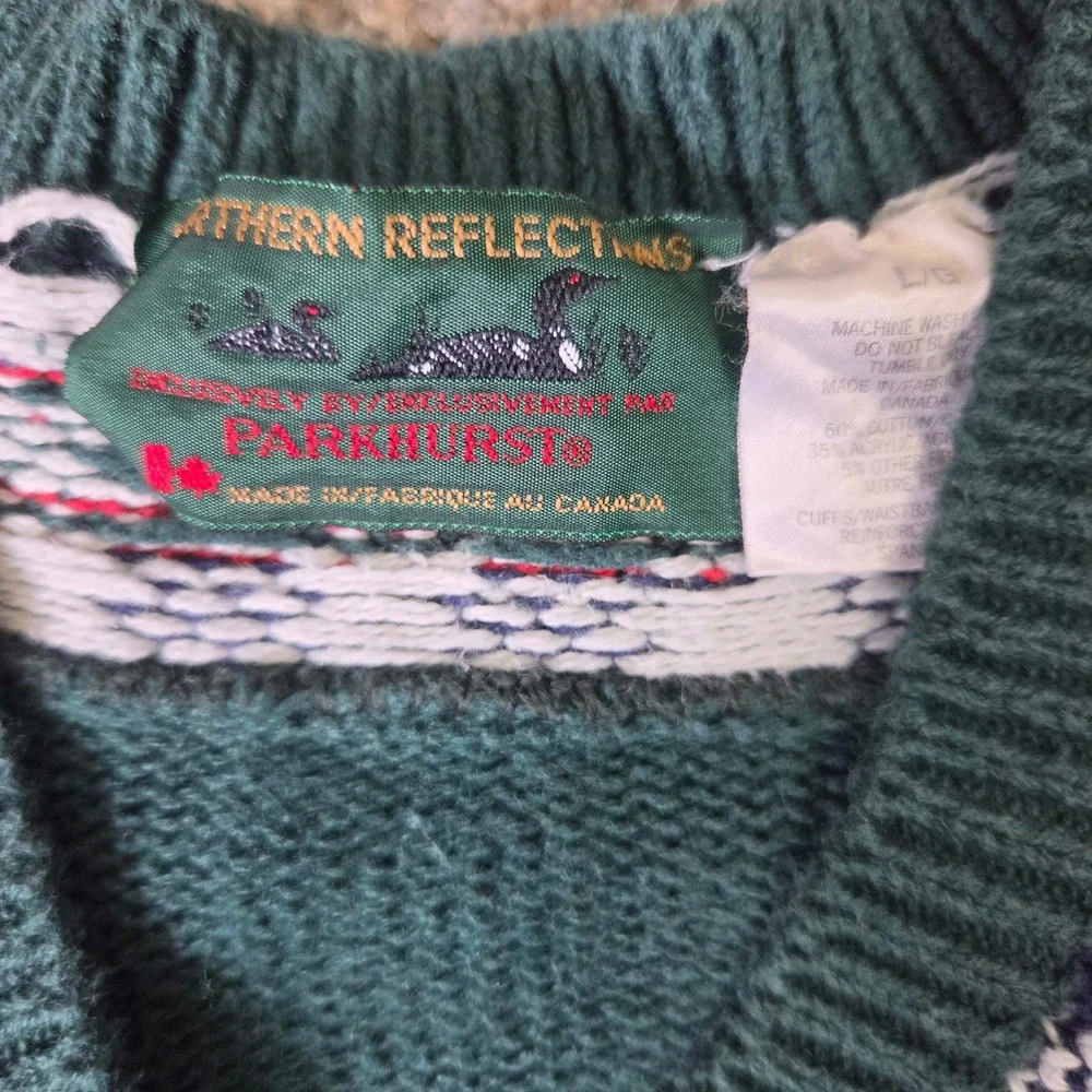 Northern Reflections Parkhurst Mens Green Cable Knit V-Neck Plaid Trim Sweater L